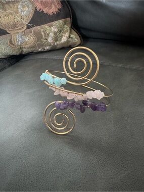 Gold Spiral Cuff Bracelet arm charm with Blue, Pink & Purple Gem Chips
